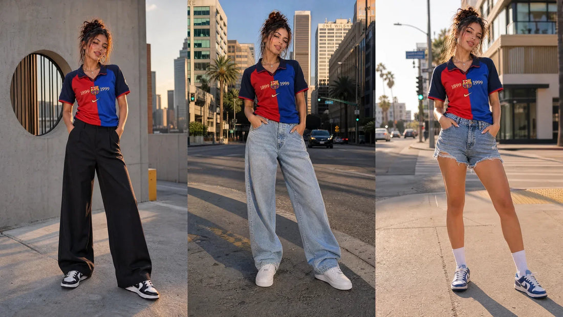 Three easy soccer jersey outfit ideas with trousers jeans and denim shorts for 2026