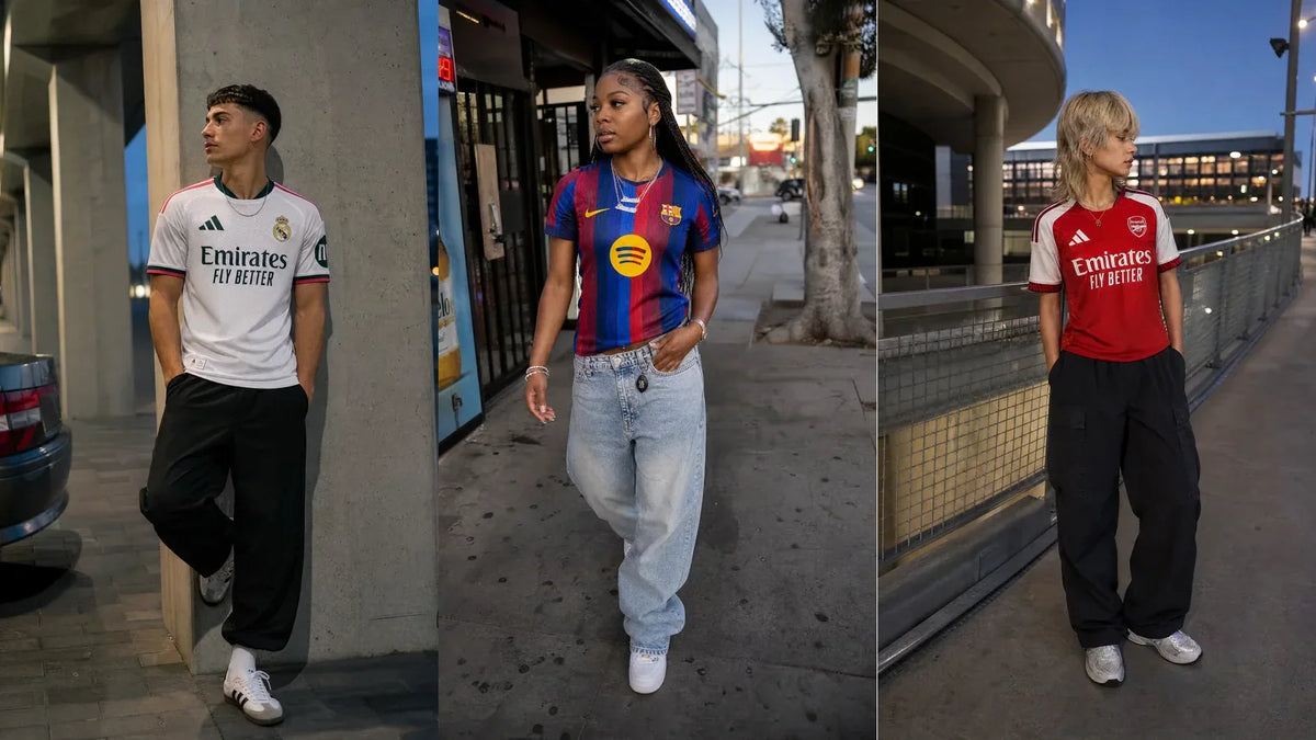 Three soccer jersey matchday outfits styled with relaxed trousers and sneakers