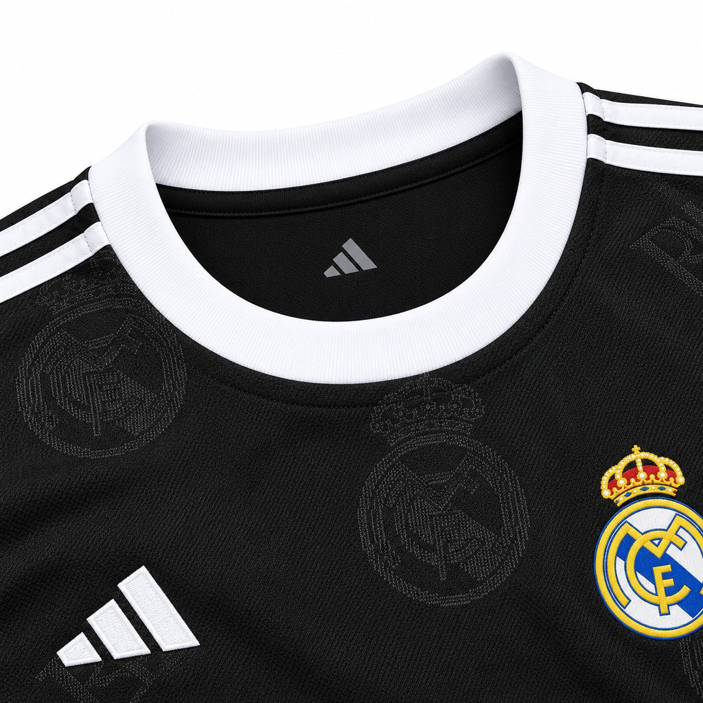 Real Madrid 2025/26 men's black polo jersey collar detail