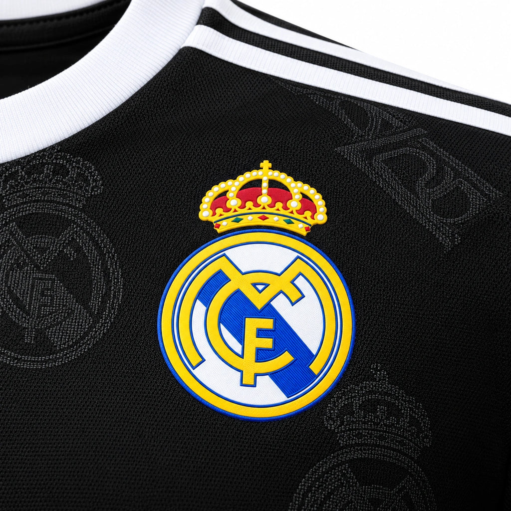 Real Madrid 2025/26 men's black polo jersey crest detail