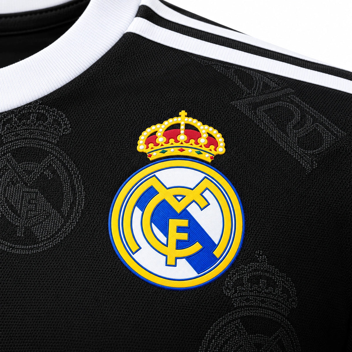 Real Madrid 2025/26 men's black polo jersey crest detail